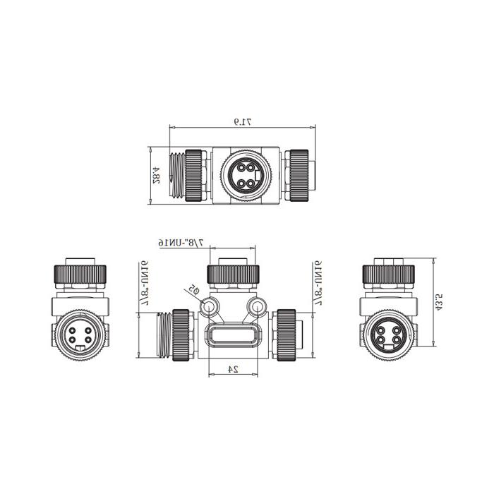  7/8" 4引脚公/2x 7/8" 4引脚母，t型电源三通，0PI444